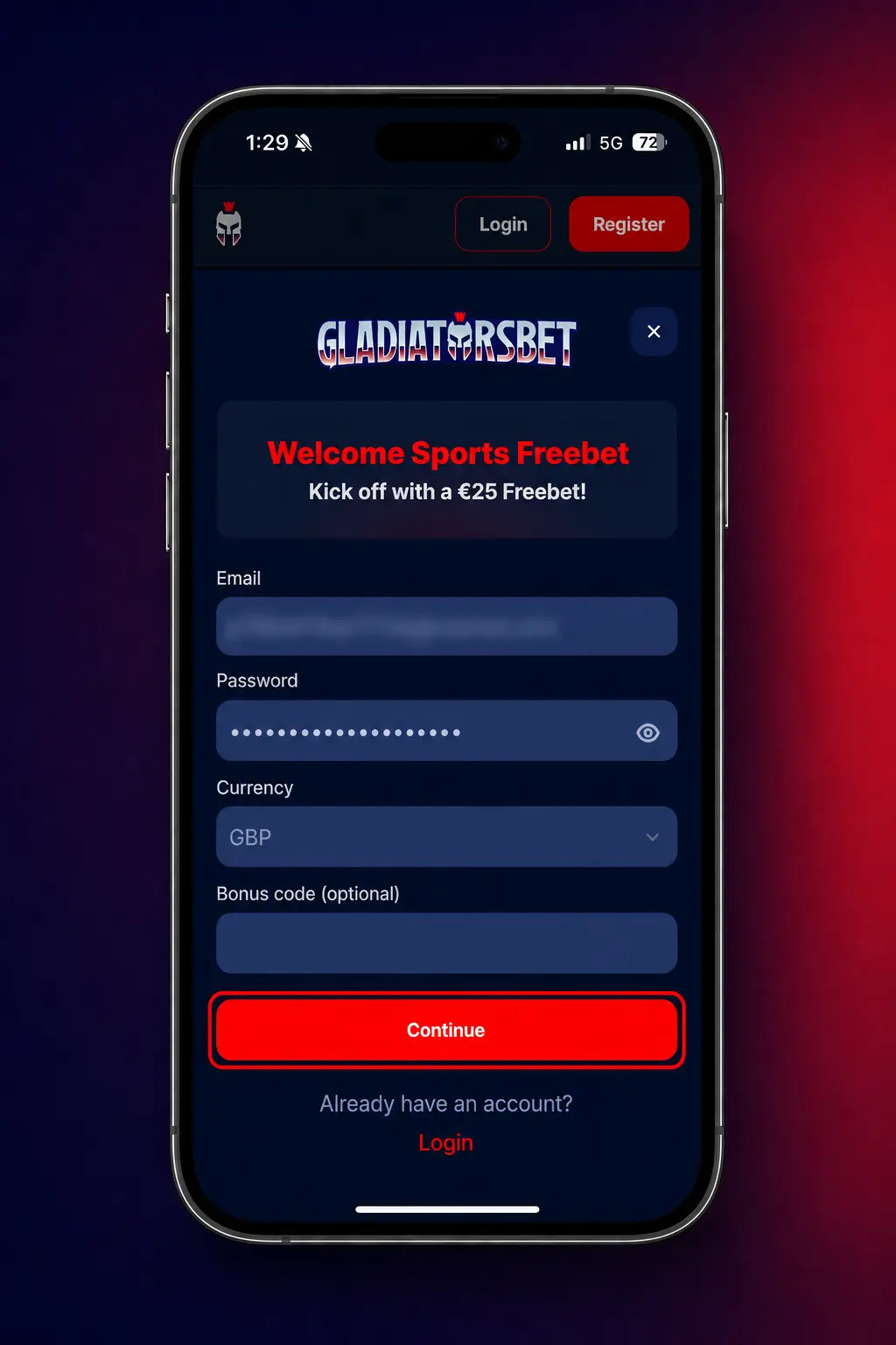 Step 1 create account on Gladiatorsbet
