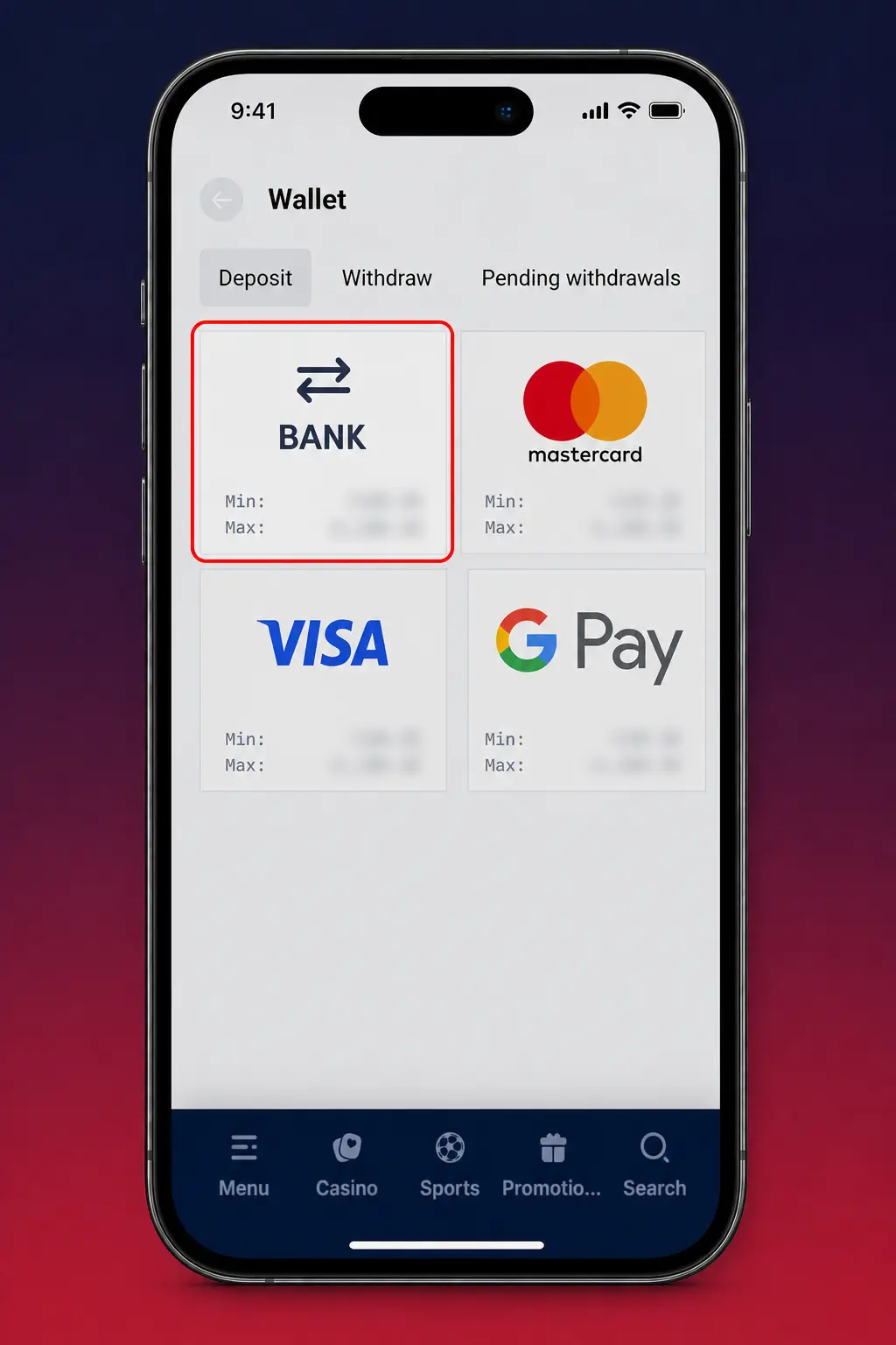 Gladiatorsbet app deposit steps on iOS and Android showing payment methods and confirmation for UK players