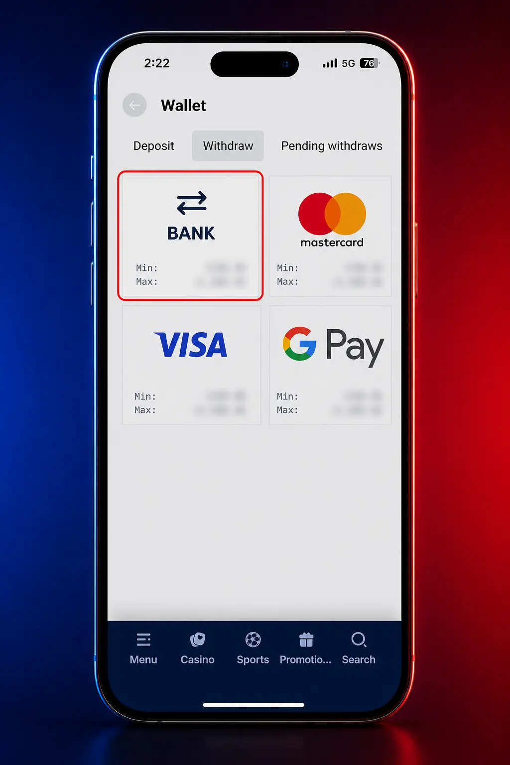 Gladiatorsbet withdrawal method selection