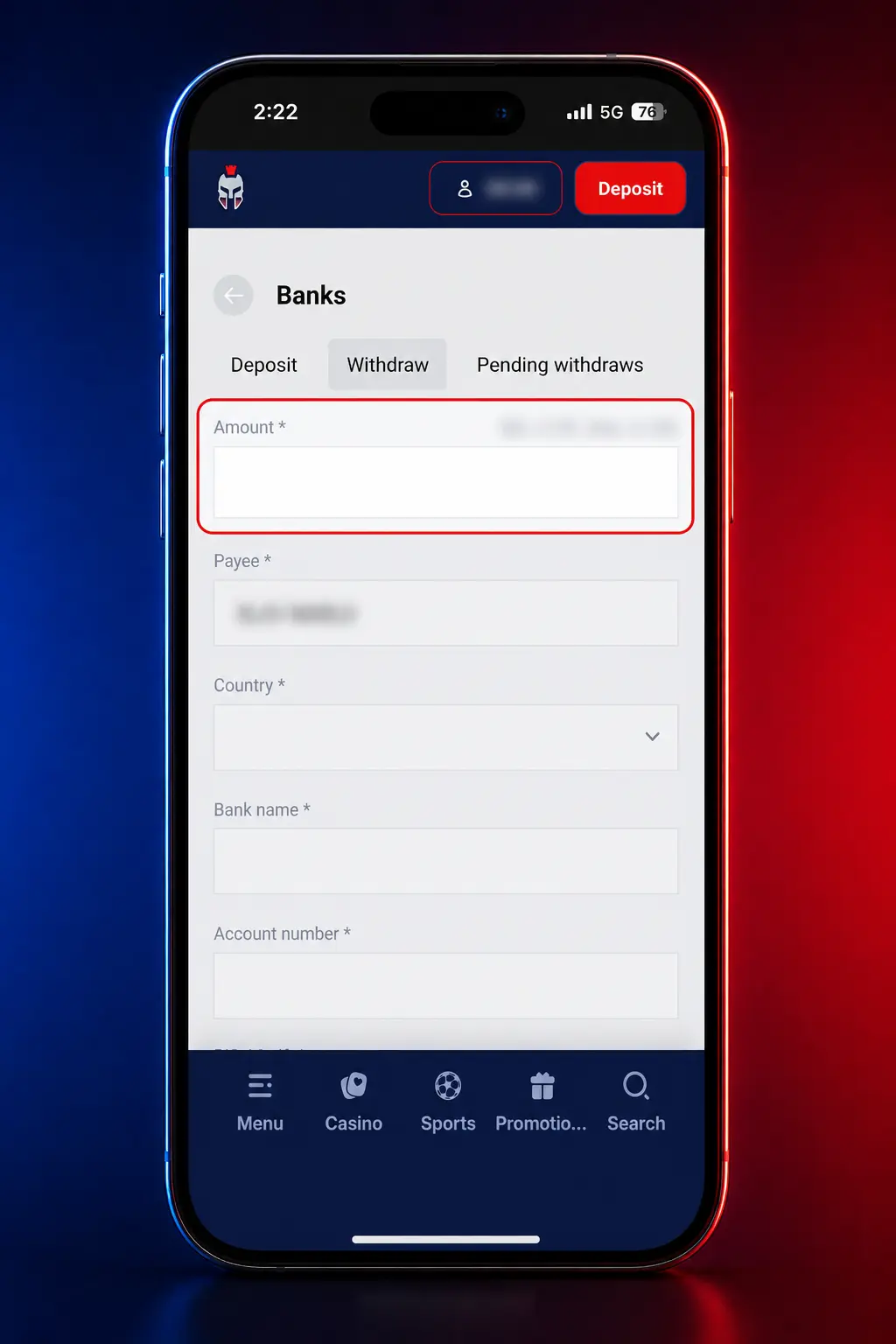 Gladiatorsbet withdrawal amount confirmation screen