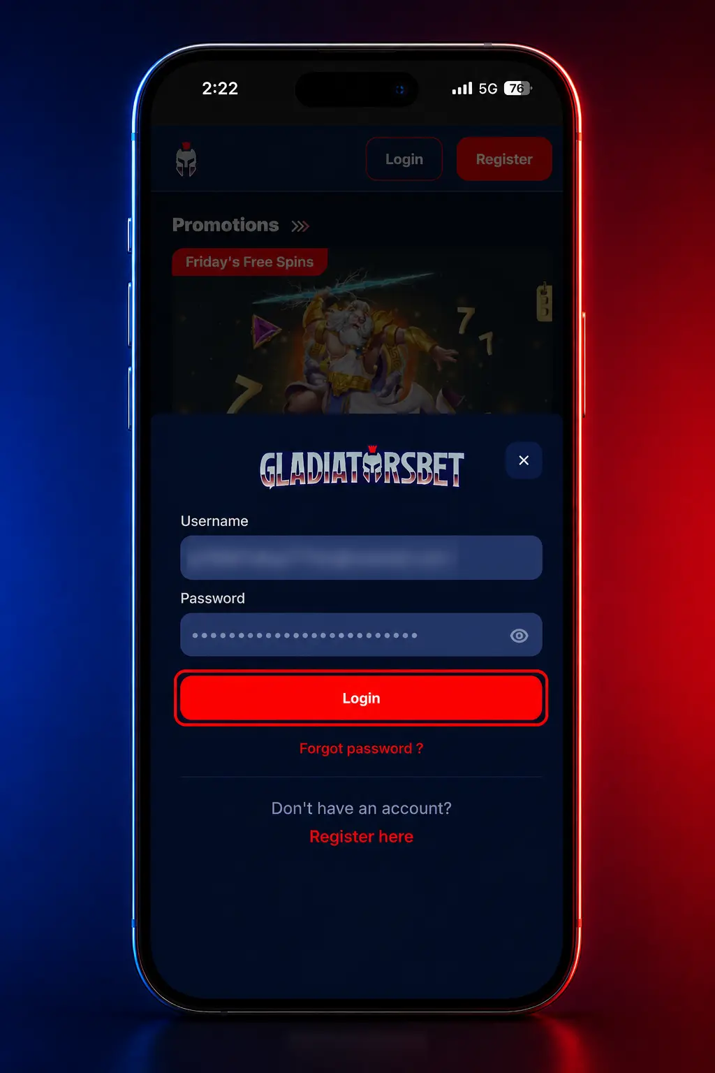 Gladiatorsbet app login screen