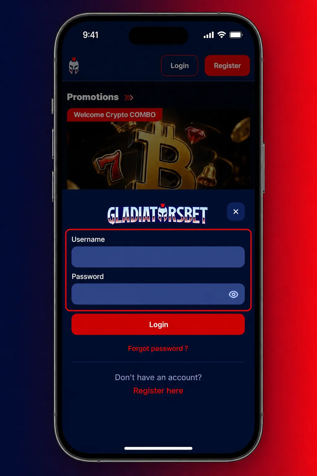 Gladiatorsbet login page showing email, password fields and two-factor authentication step for account access