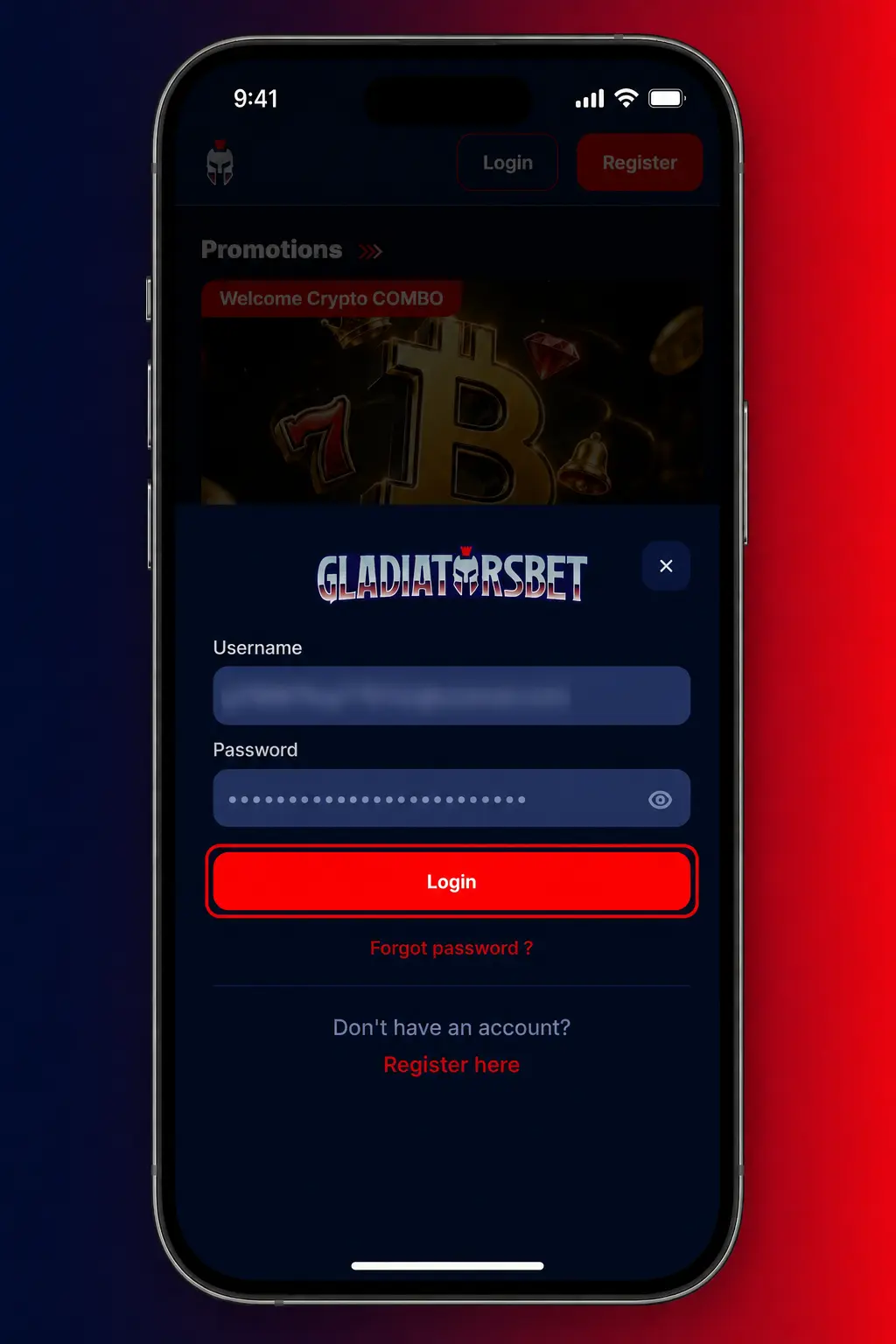 Gladiatorsbet login page showing email, password fields and two-factor authentication step for account access